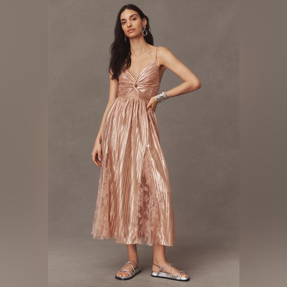 Sabina Musayev Franny Deep-V Satin A-Line Rose Gold midi Dress - Picture 3 of 11